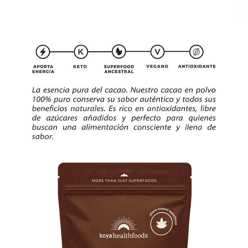 Reverso de la bolsa de Cacao en Polvo Koya con información del producto