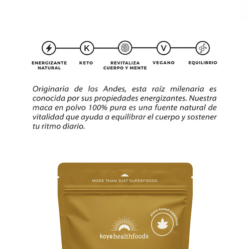 Reverso de la bolsa de Maca Amarilla Koya con información del producto