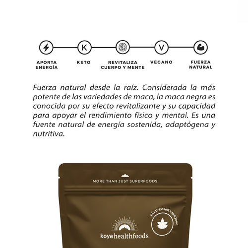 Reverso de la bolsa de Maca Negra Koya con información del producto