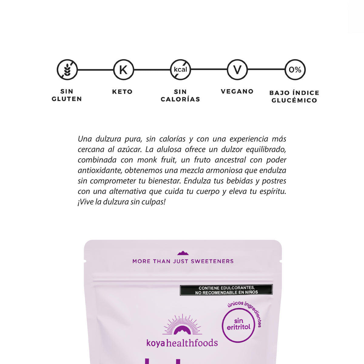 Reverso de la bolsa de Alulosa Monk Koya con información del producto
