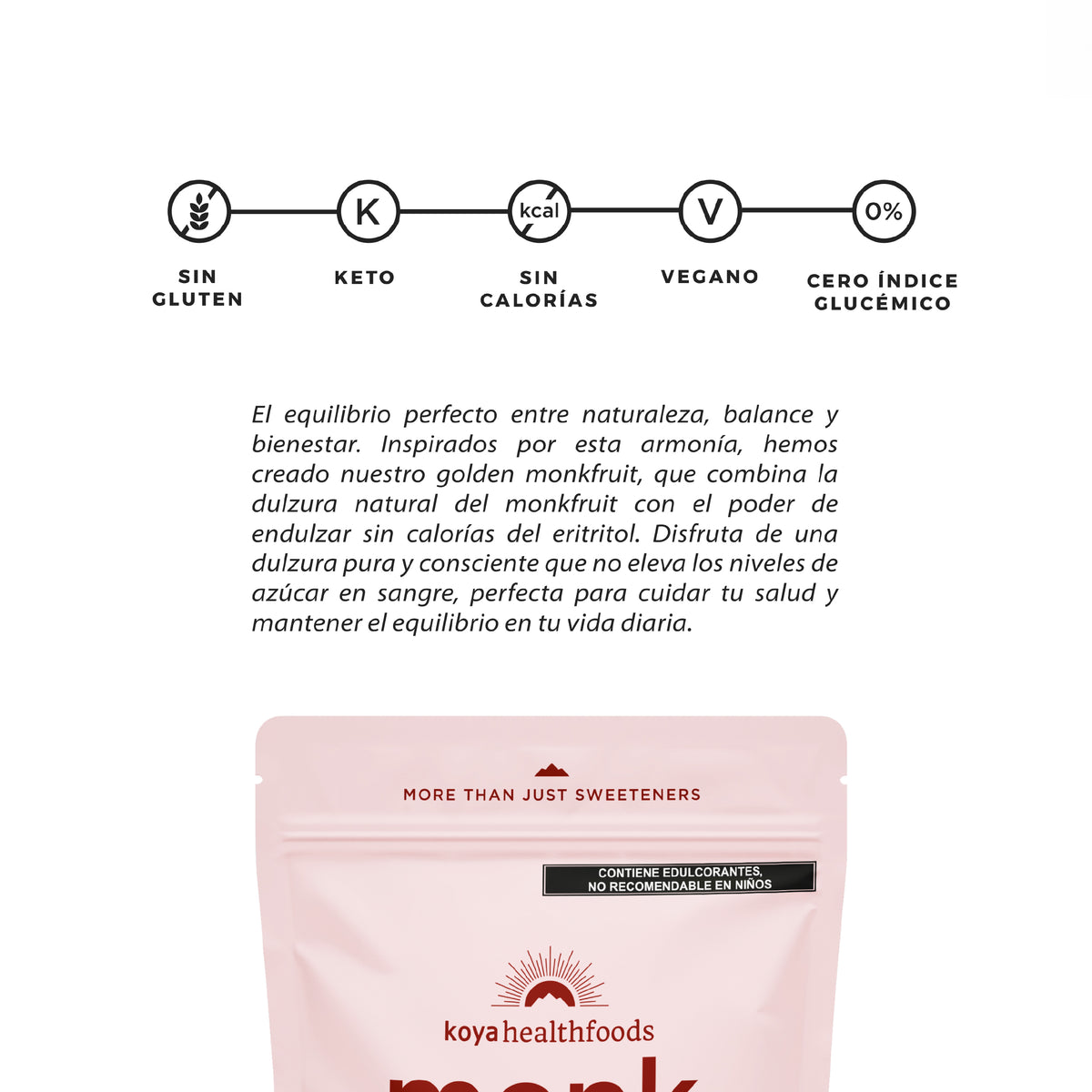 Reverso de la bolsa de Monk Fruit Golden Koya con información del producto