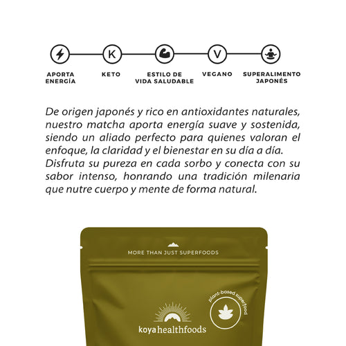 Reverso de la bolsa de Matcha Koya con información del producto