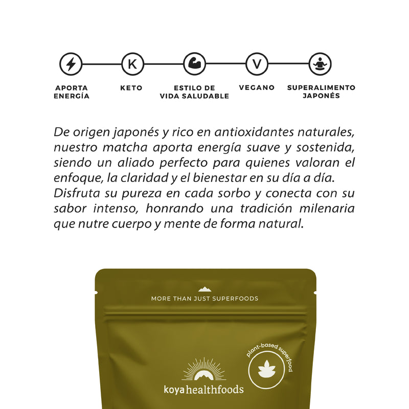 Reverso de la bolsa de Matcha Koya con información del producto